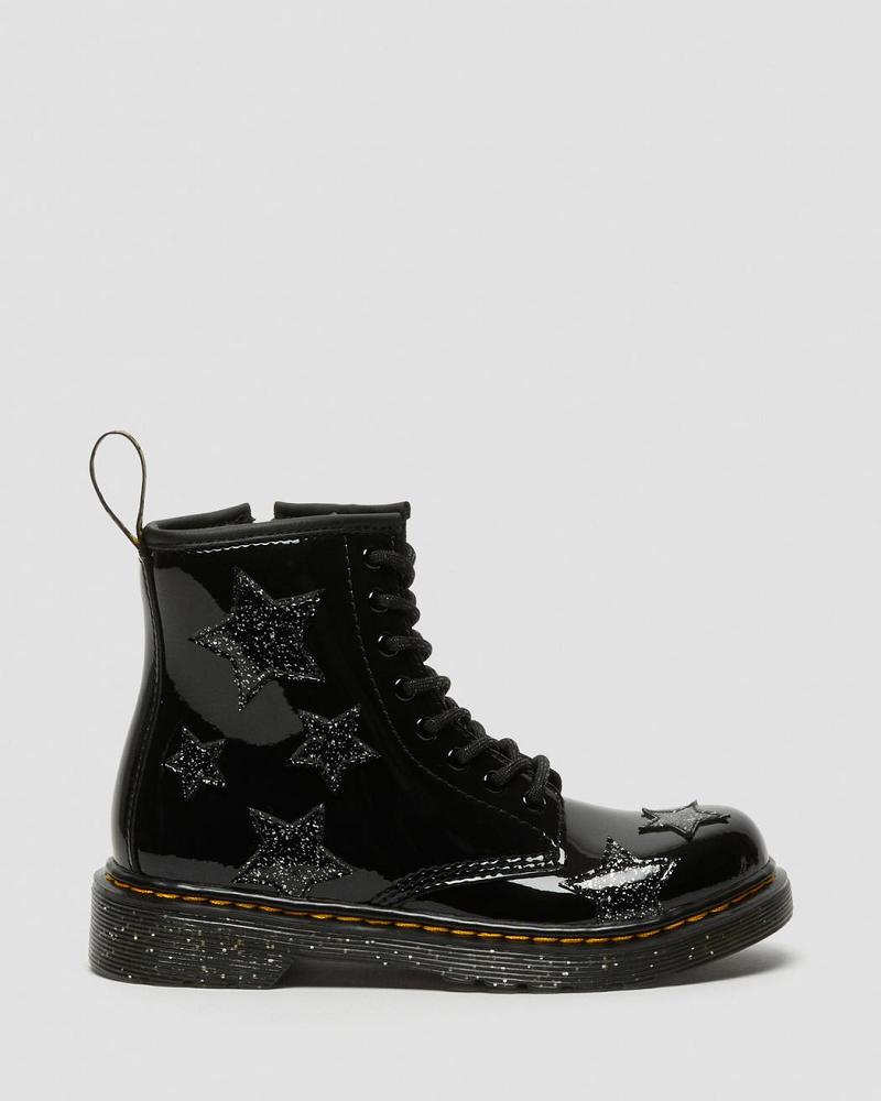 Black Kids' Dr Martens Junior 1460 Glitter Star Patent Lace Up Boots | CA 679PJJ